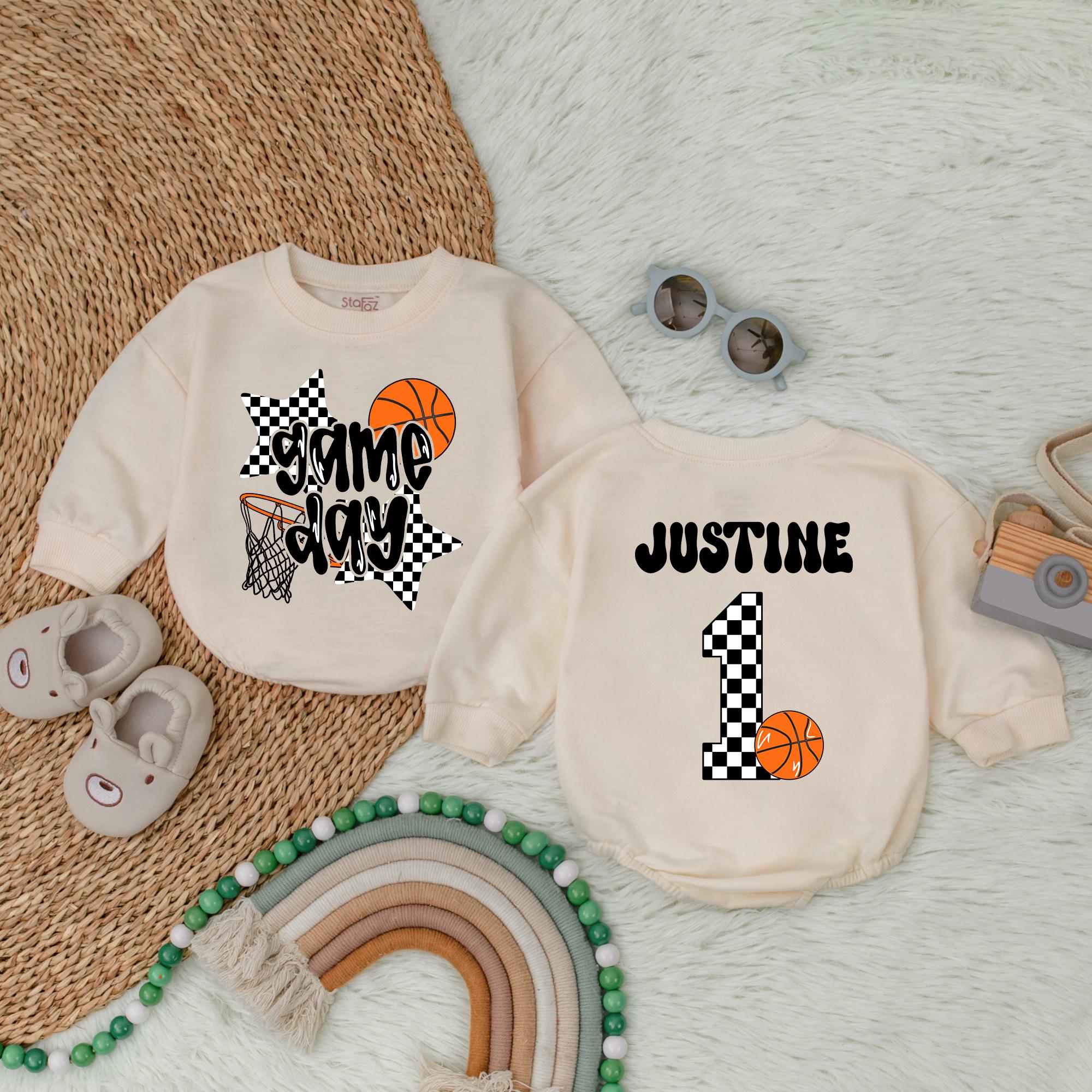 Personalized Game Day Basketball Romper Soft Cotton Baby Bodysuit Boys Birthday Outfit Checkered Star Number Design Custom Name Option