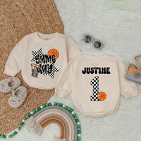 Personalized Game Day Basketball Romper Soft Cotton Baby Bodysuit Boys Birthday Outfit Checkered Star Number Design Custom Name Option