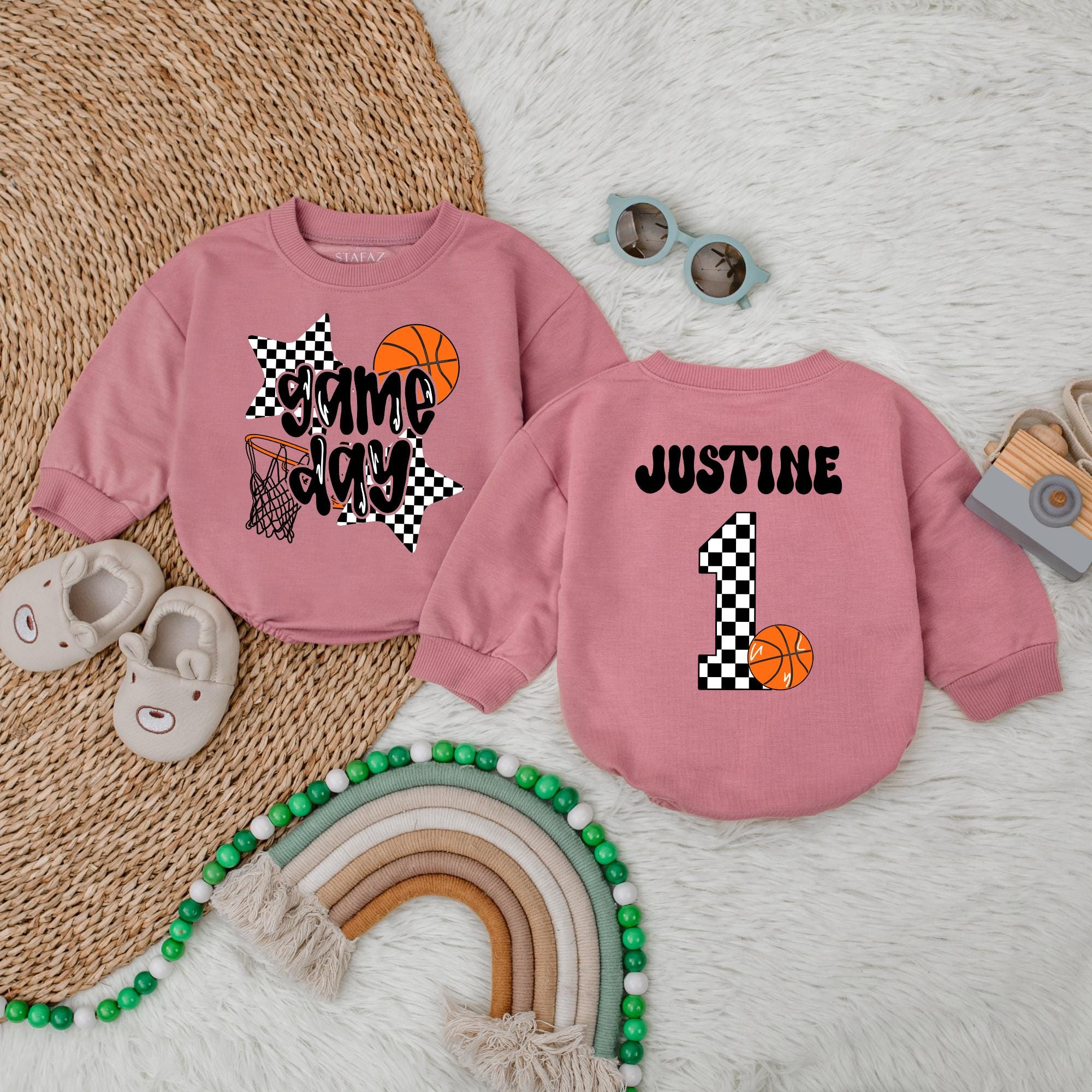 Personalized Game Day Basketball Romper Soft Cotton Baby Bodysuit Boys Birthday Outfit Checkered Star Number Design Custom Name Option