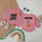 Personalized Game Day Basketball Romper Soft Cotton Baby Bodysuit Boys Birthday Outfit Checkered Star Number Design Custom Name Option
