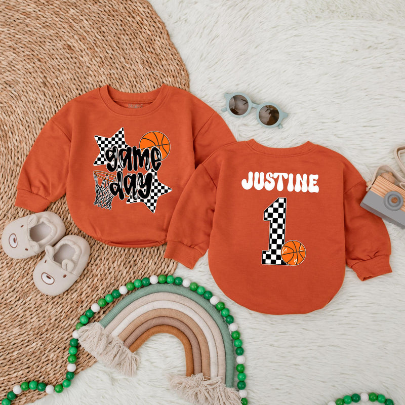 Personalized Game Day Basketball Romper Soft Cotton Baby Bodysuit Boys Birthday Outfit Checkered Star Number Design Custom Name Option