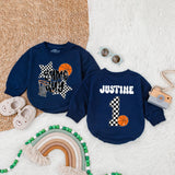 Personalized Game Day Basketball Romper Soft Cotton Baby Bodysuit Boys Birthday Outfit Checkered Star Number Design Custom Name Option