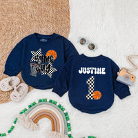 Personalized Game Day Basketball Romper Soft Cotton Baby Bodysuit Boys Birthday Outfit Checkered Star Number Design Custom Name Option