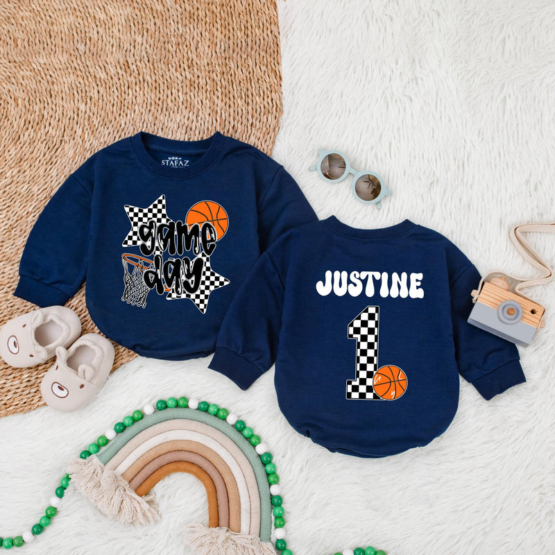 Personalized Game Day Basketball Romper Soft Cotton Baby Bodysuit Boys Birthday Outfit Checkered Star Number Design Custom Name Option