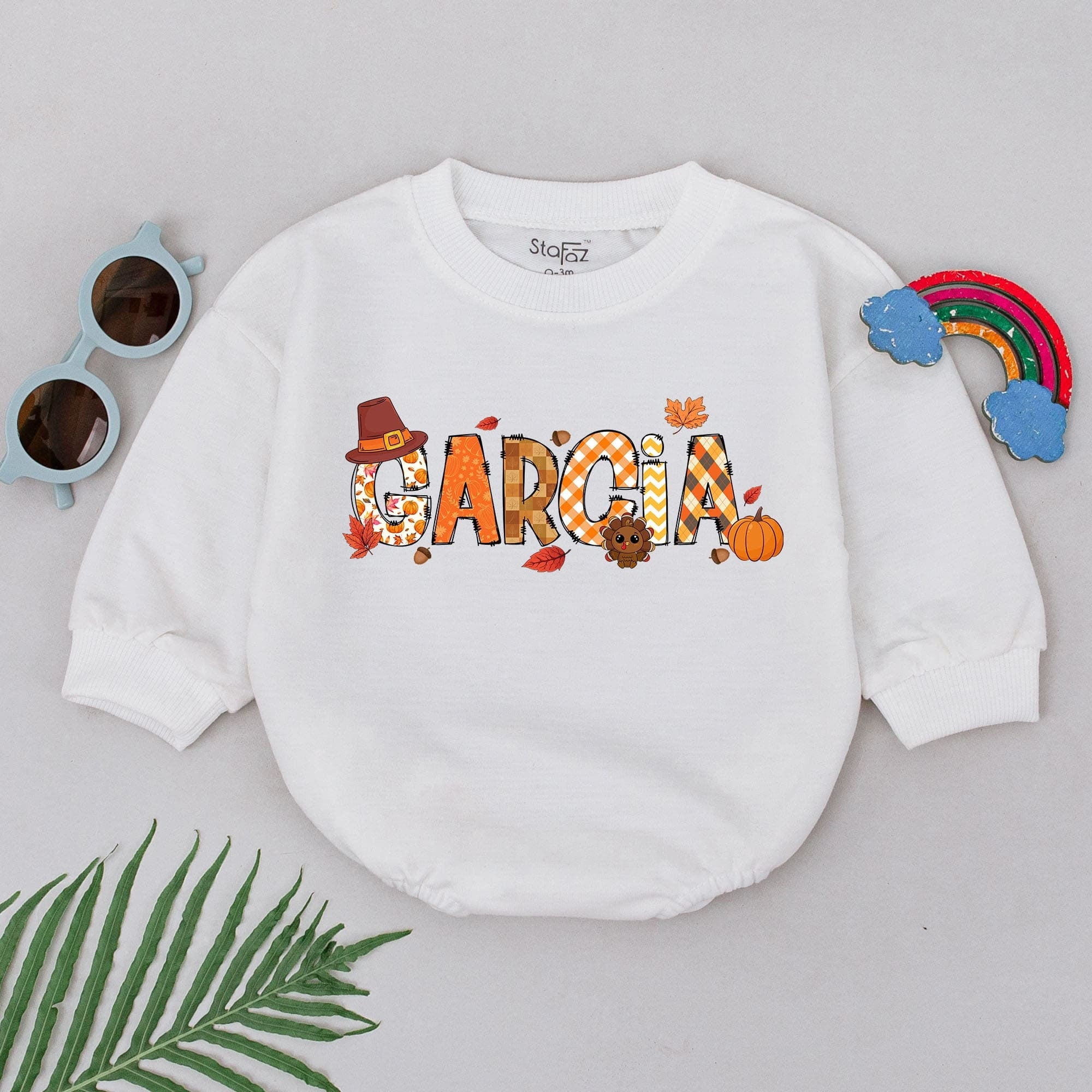 Personalized Garcia Thanksgiving Baby Romper with Pumpkin and Fall Leaves Design Cozy 1st Birthday Outfit Soft Cotton Festive Gift