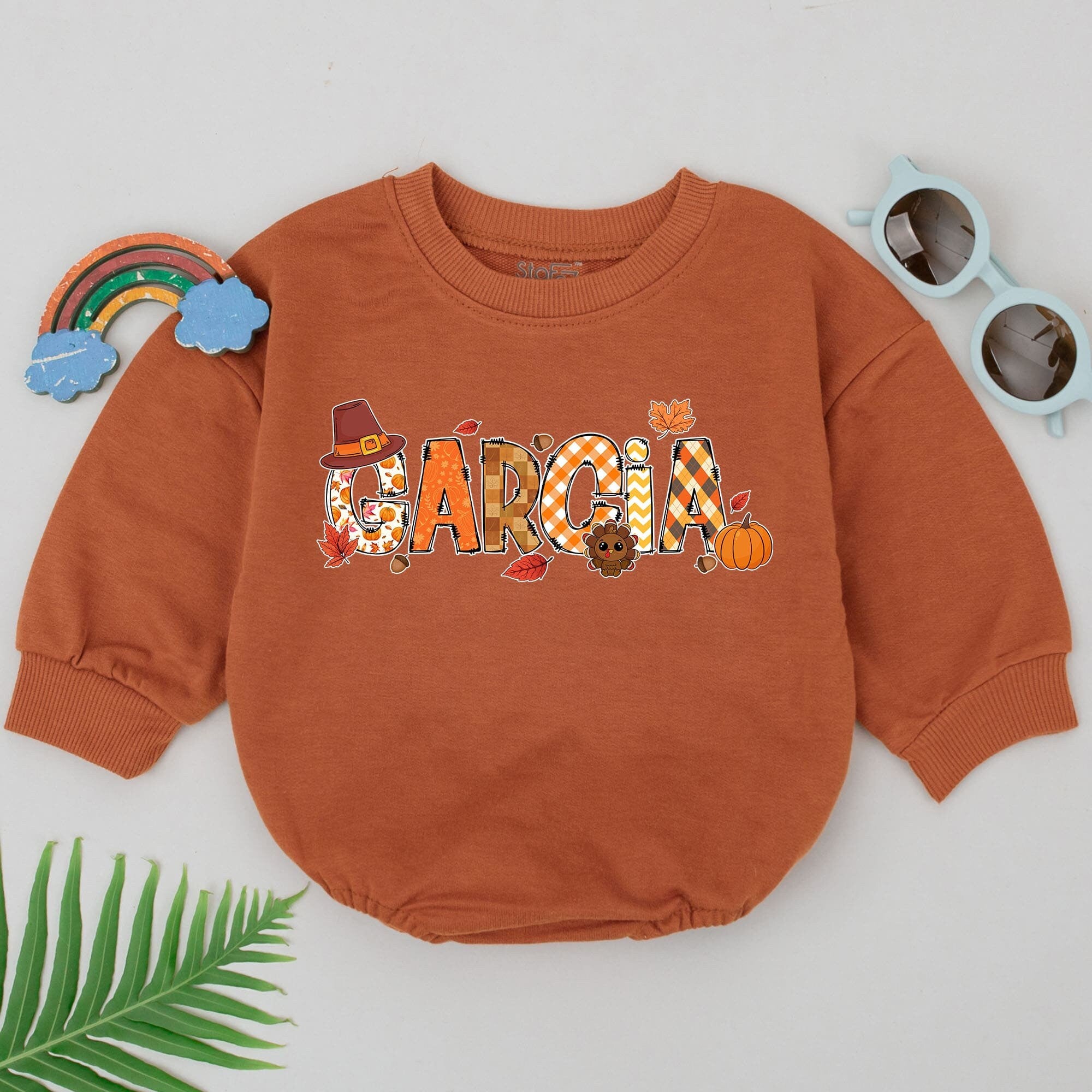 Personalized Garcia Thanksgiving Baby Romper with Pumpkin and Fall Leaves Design Cozy 1st Birthday Outfit Soft Cotton Festive Gift