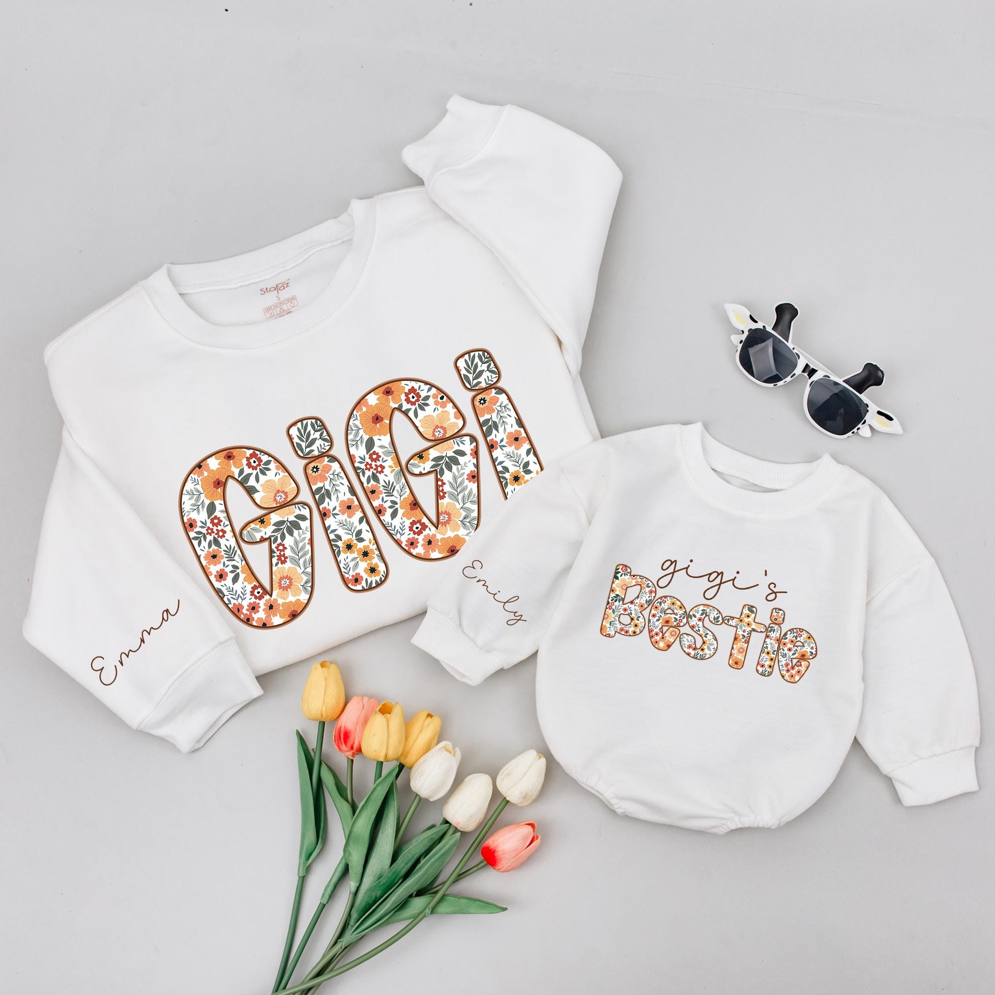 Personalized Gigi Floral Shirt & Baby Romper, Matching Family Outfits, Soft Cotton, Custom Grandma & Baby Gift for Holidays or Birthdays