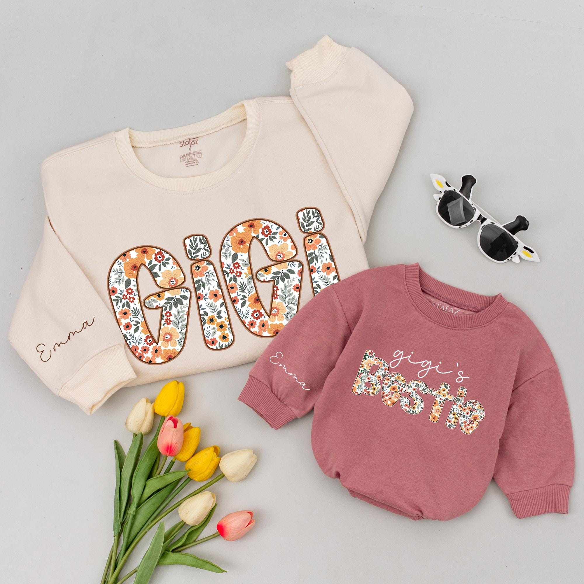 Personalized Gigi Floral Shirt & Baby Romper, Matching Family Outfits, Soft Cotton, Custom Grandma & Baby Gift for Holidays or Birthdays