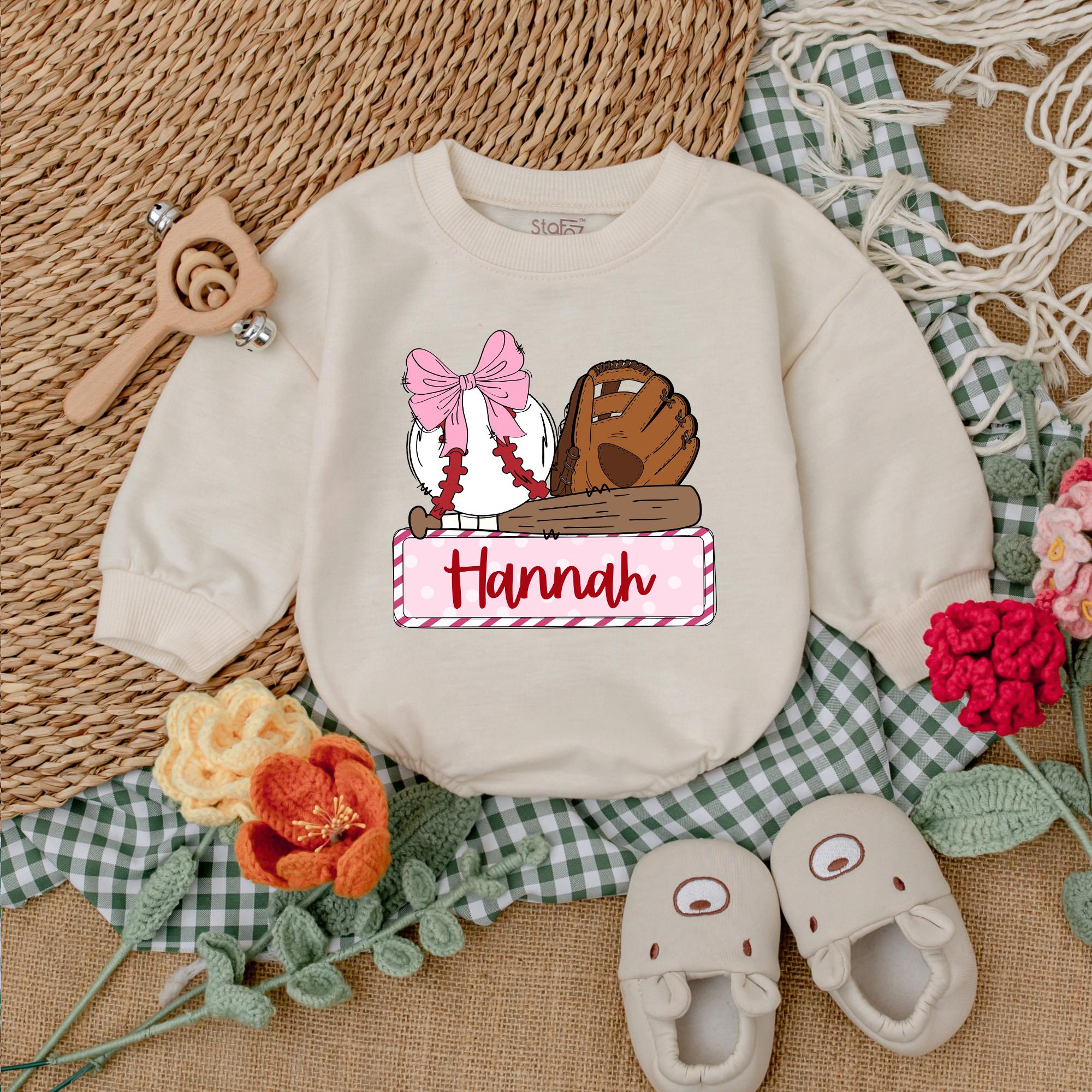 Personalized Girl Baseball Romper with Bow for Baby Shower Gift Soft Cotton Newborn Game Day Outfit Custom Name Hannah Bubble Suit