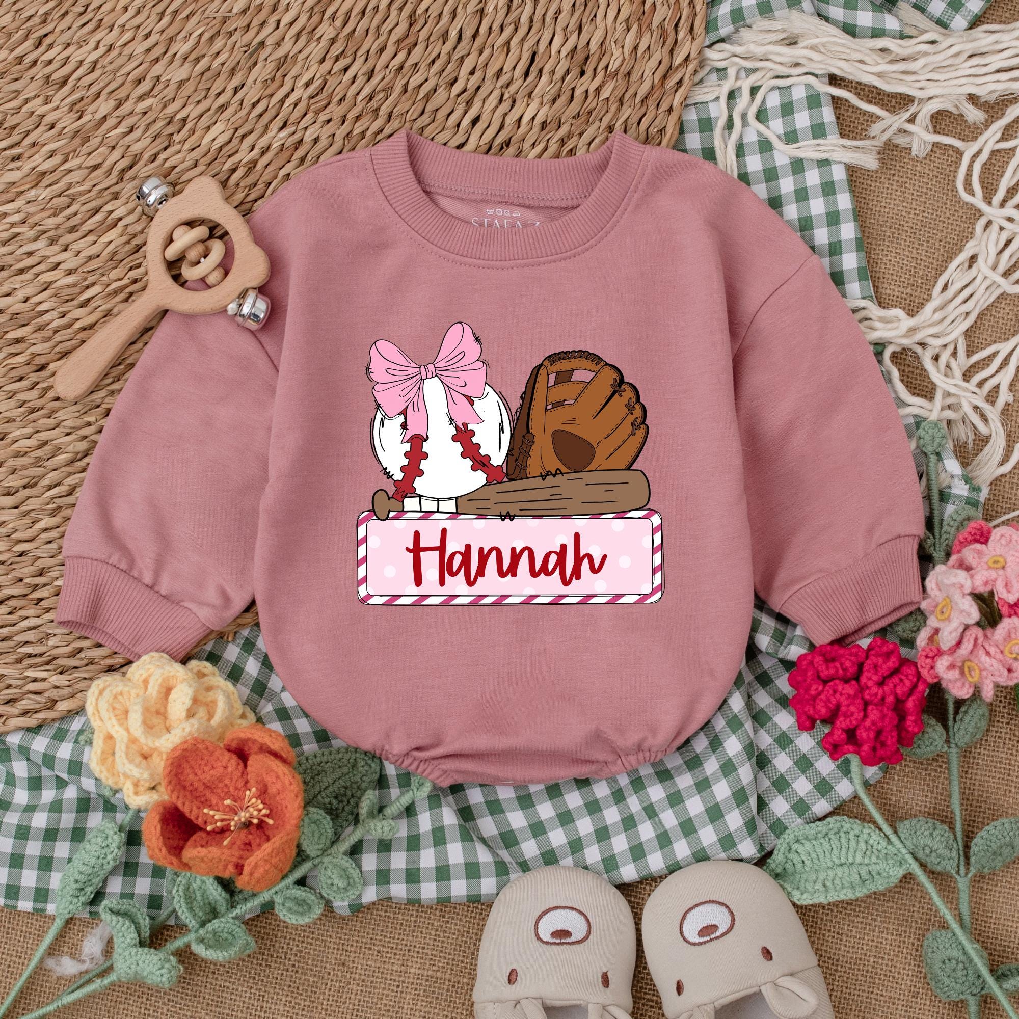 Personalized Girl Baseball Romper with Bow for Baby Shower Gift Soft Cotton Newborn Game Day Outfit Custom Name Hannah Bubble Suit