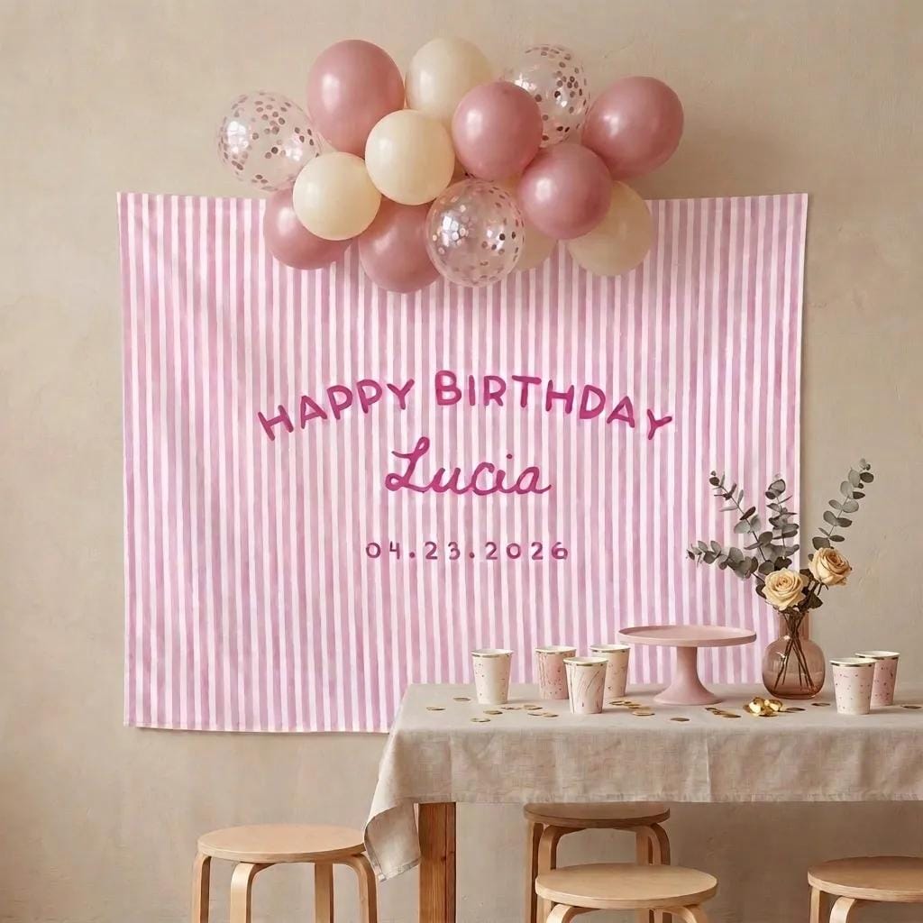 Personalized Girl Birthday Banner with Pink Stripes Custom Name Party Backdrop for Cake Smash or First Birthday Celebration Decor