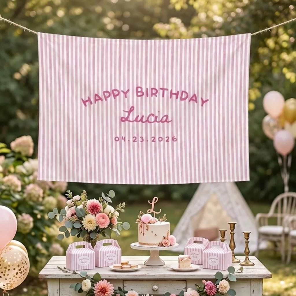 Personalized Girl Birthday Banner with Pink Stripes Custom Name Party Backdrop for Cake Smash or First Birthday Celebration Decor