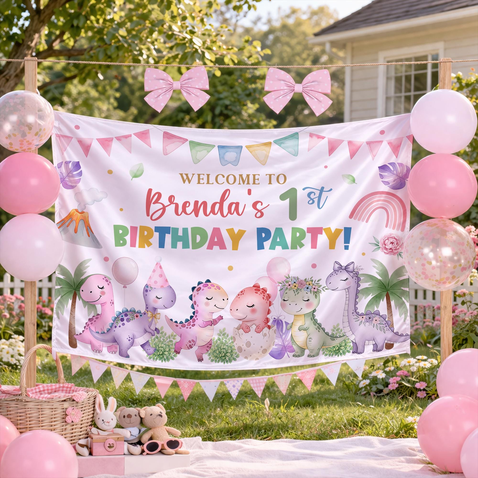 Personalized Girl Dinosaur Party Banner for First Birthday, Pastel Dino Scene Backdrop with Baby Dinosaurs, Custom Prehistoric Party Decor