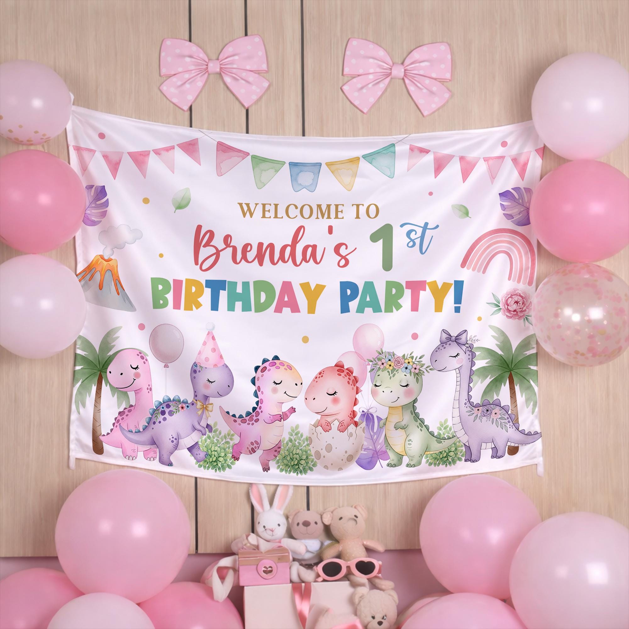 Personalized Girl Dinosaur Party Banner for First Birthday, Pastel Dino Scene Backdrop with Baby Dinosaurs, Custom Prehistoric Party Decor