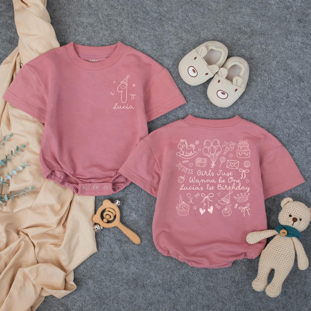 Personalized Girls 1st Birthday Romper with Party Hat and Bow Design Baby Outfit Cute Infant Clothes Gift for Toddlers Celebration
