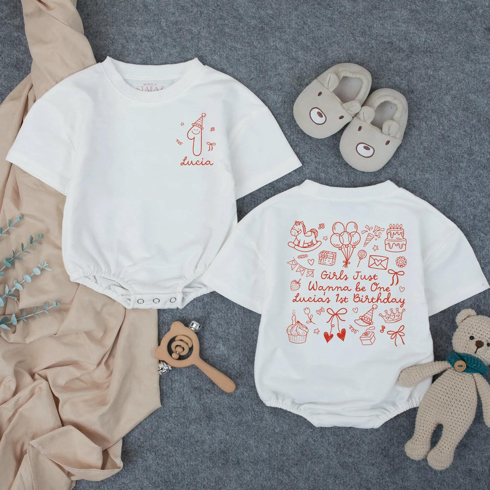 Personalized Girls 1st Birthday Romper with Party Hat and Bow Design Baby Outfit Cute Infant Clothes Gift for Toddlers Celebration