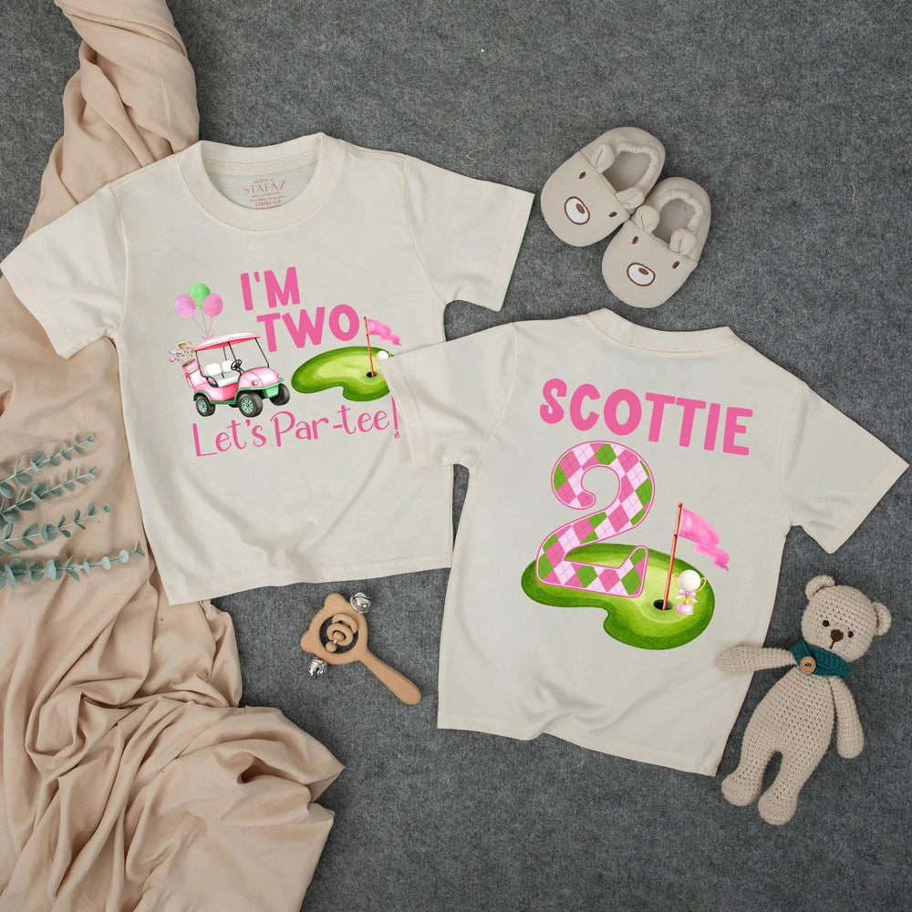 Personalized Girl’s 2nd Birthday Golf Outfit with Pink Cart and Argyle Design Toddler Shirt or Bubble Romper, Let’s Par-Tee Celebration