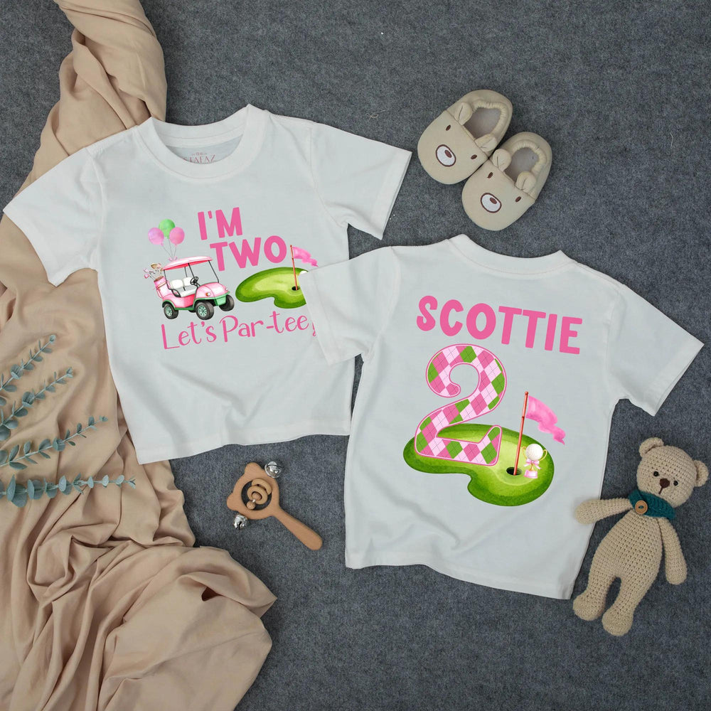 Personalized Girl’s 2nd Birthday Golf Outfit with Pink Cart and Argyle Design Toddler Shirt or Bubble Romper, Let’s Par-Tee Celebration