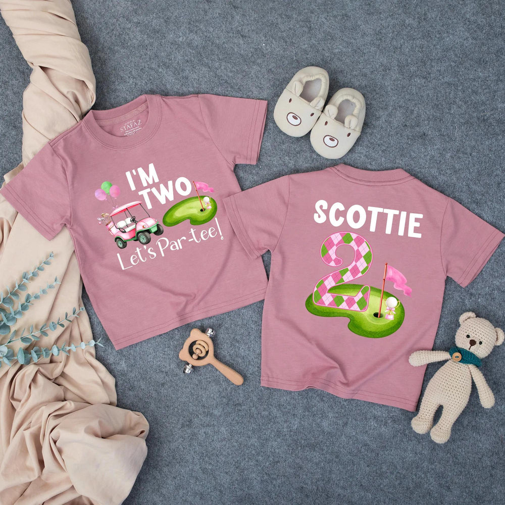 Personalized Girl’s 2nd Birthday Golf Outfit with Pink Cart and Argyle Design Toddler Shirt or Bubble Romper, Let’s Par-Tee Celebration