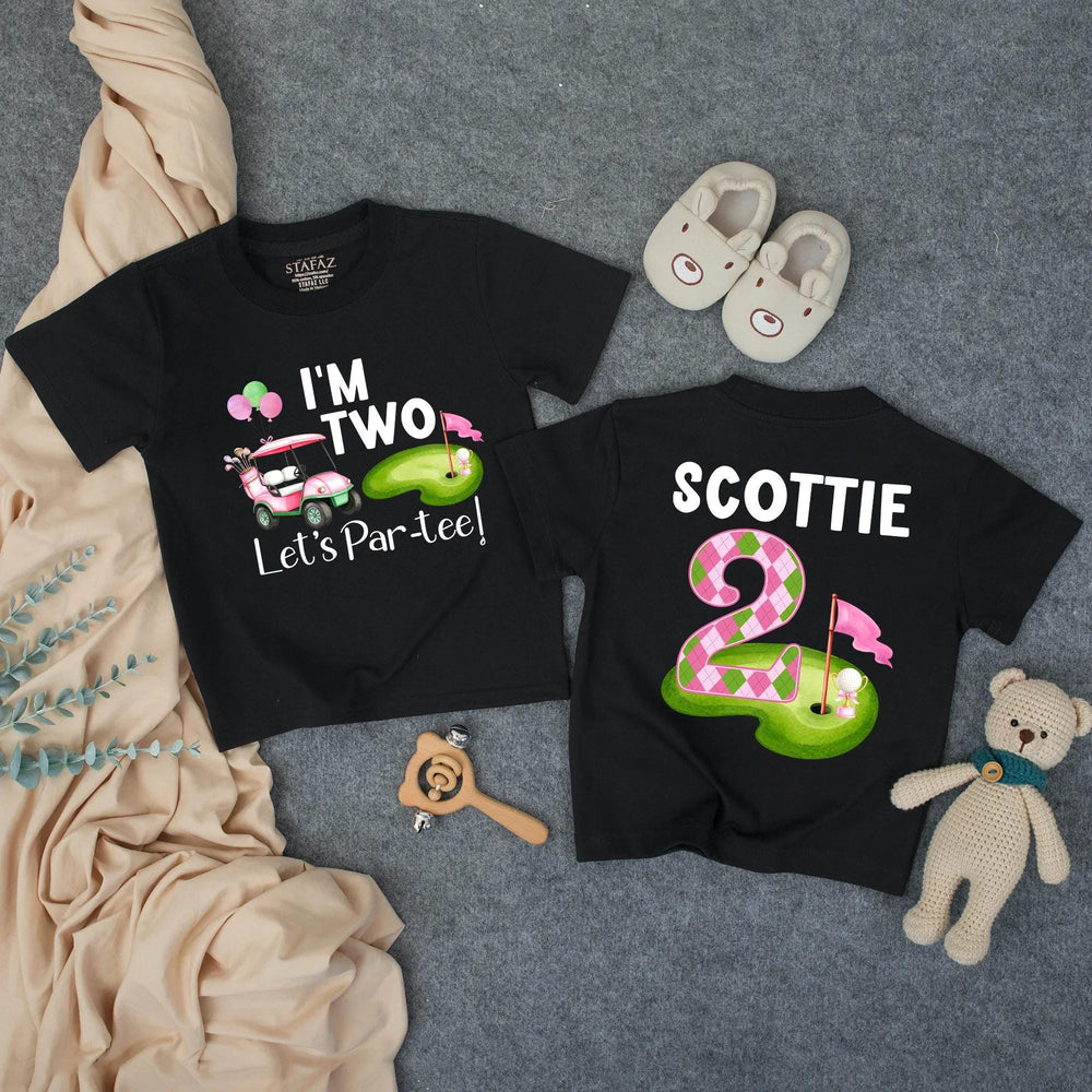 Personalized Girl’s 2nd Birthday Golf Outfit with Pink Cart and Argyle Design Toddler Shirt or Bubble Romper, Let’s Par-Tee Celebration