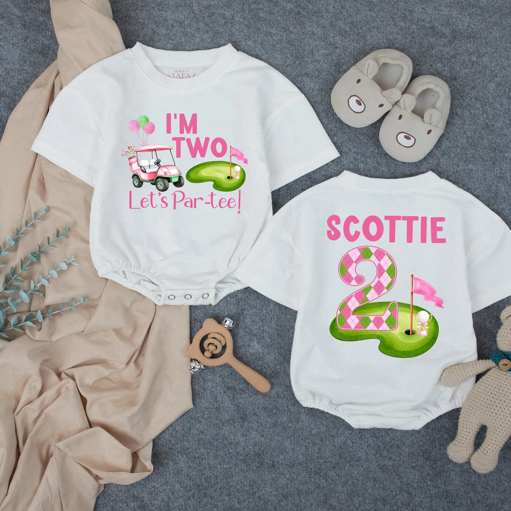 Personalized Girl’s 2nd Birthday Golf Outfit with Pink Cart and Argyle Design Toddler Shirt or Bubble Romper, Let’s Par-Tee Celebration