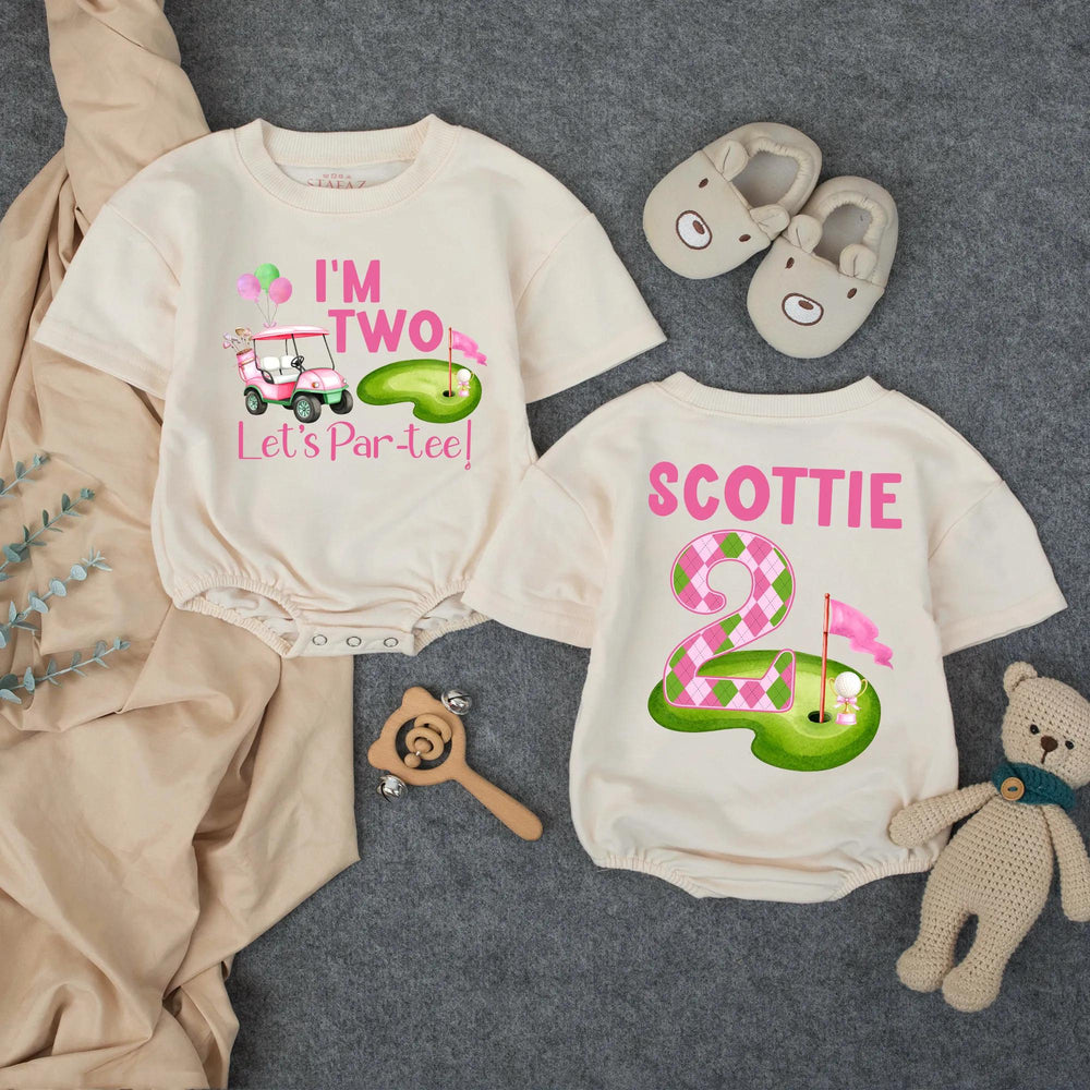 Personalized Girl’s 2nd Birthday Golf Outfit with Pink Cart and Argyle Design Toddler Shirt or Bubble Romper, Let’s Par-Tee Celebration