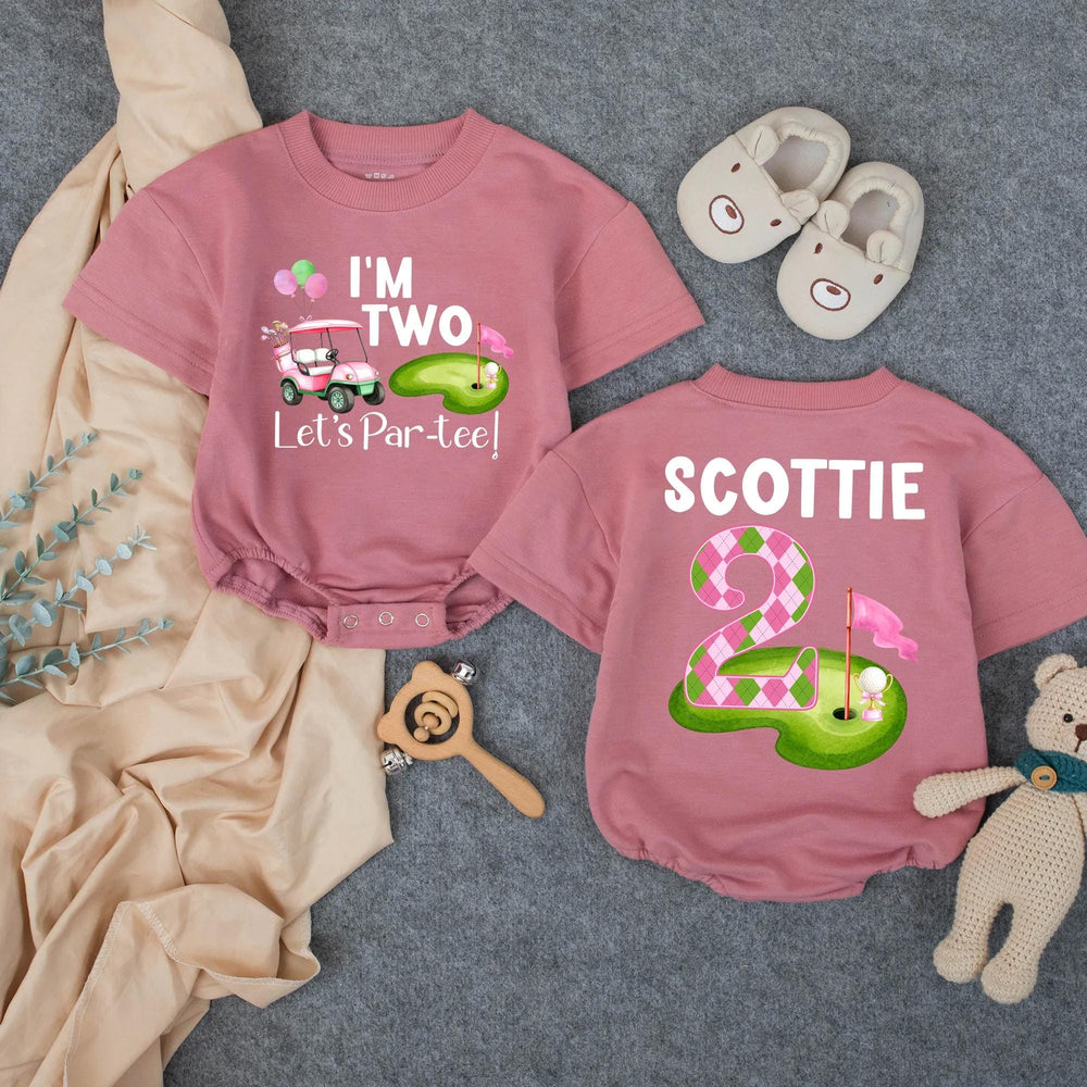 Personalized Girl’s 2nd Birthday Golf Outfit with Pink Cart and Argyle Design Toddler Shirt or Bubble Romper, Let’s Par-Tee Celebration