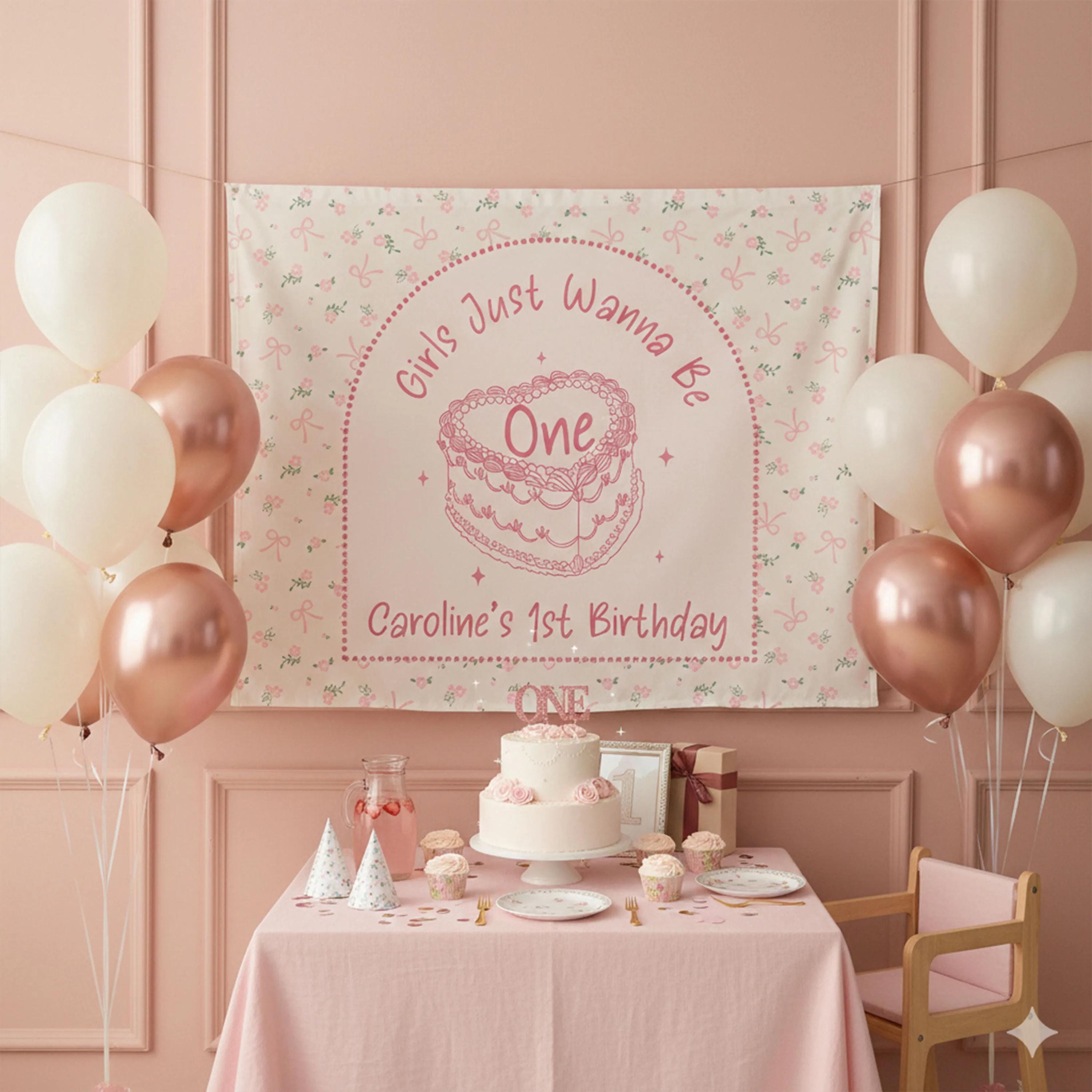 Personalized Girls Just Wanna Be One Silk Banner for 1st Birthday, Cream with Pink Bows and Floral Design, Custom Party Photo Backdrop Decor