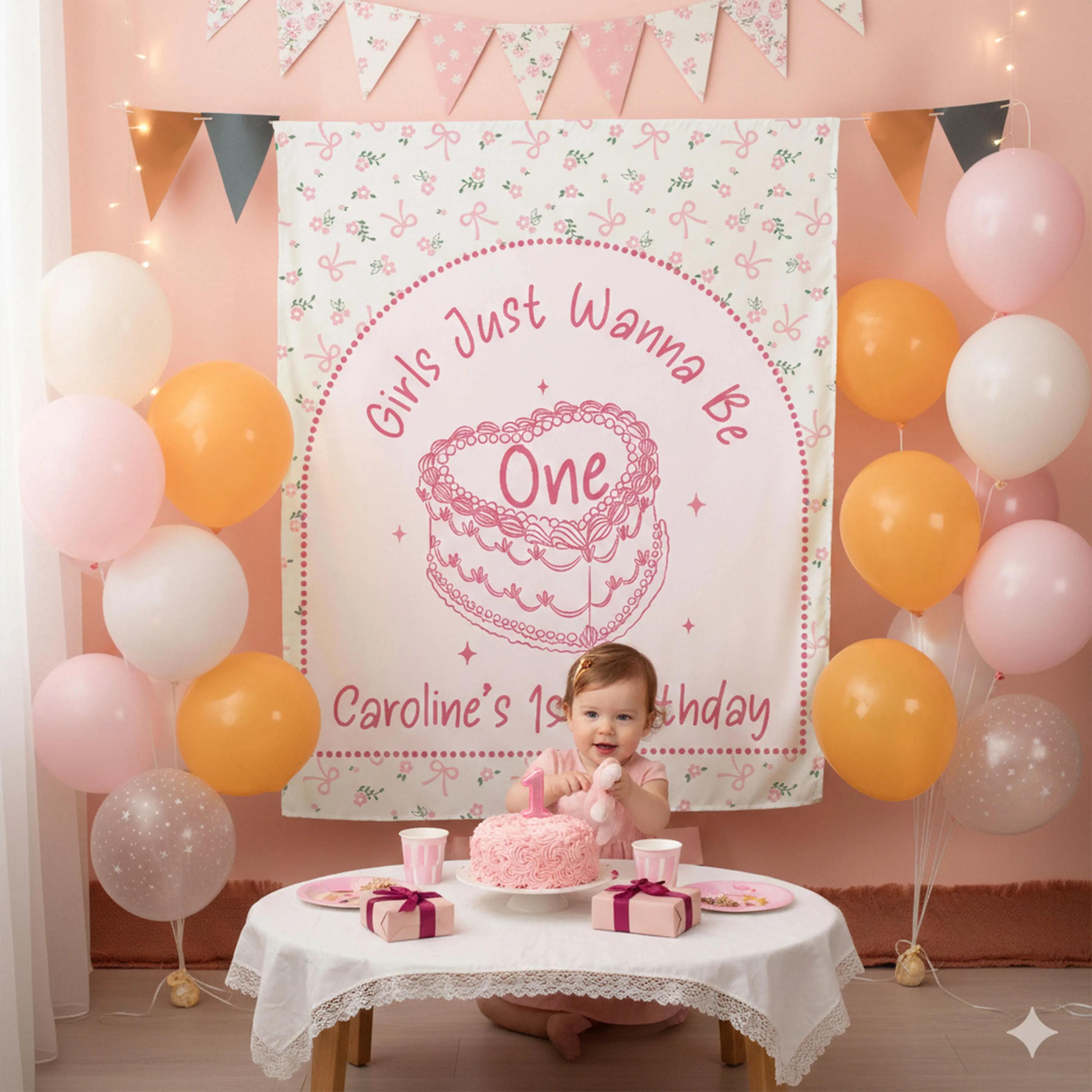 Personalized Girls Just Wanna Be One Silk Banner for 1st Birthday, Cream with Pink Bows and Floral Design, Custom Party Photo Backdrop Decor