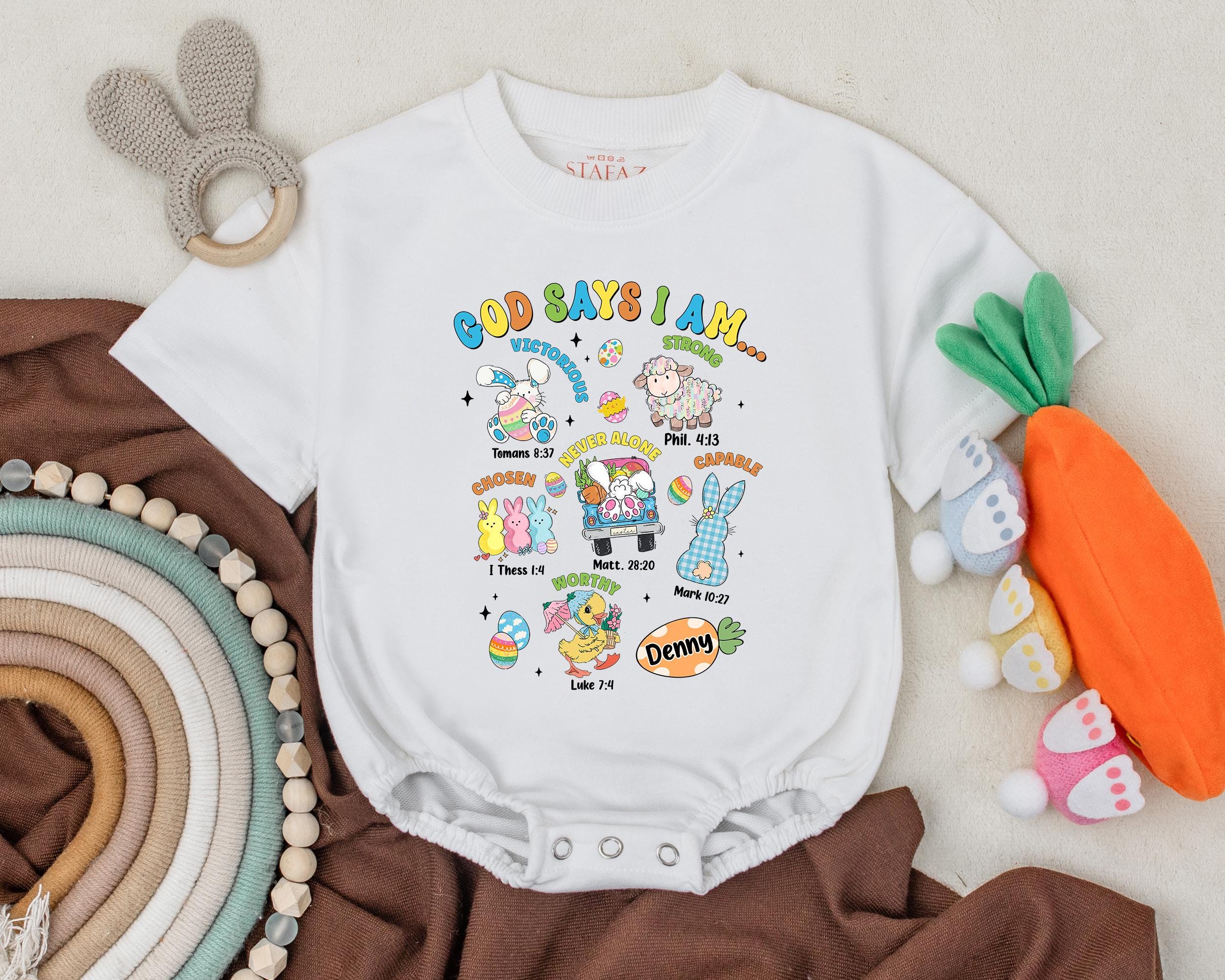 Personalized God Says I Am Romper for Baby Easter Outfit with Bible Verses Vibrant Cotton Christian Toddler Bodysuit Custom Gift