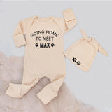 Personalized Going Home Baby Bodysuit and Hat Set with Paw Print Design Dark Blue Newborn Dog Lover Outfit Gift for Baby Shower