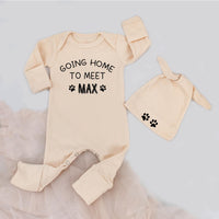 Personalized Going Home Baby Bodysuit and Hat Set with Paw Print Design Dark Blue Newborn Dog Lover Outfit Gift for Baby Shower