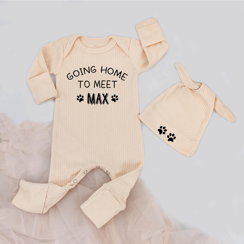 Personalized Going Home Baby Bodysuit and Hat Set with Paw Print Design Dark Blue Newborn Dog Lover Outfit Gift for Baby Shower