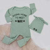 Personalized Going Home Baby Bodysuit and Hat Set with Paw Print Design Dark Blue Newborn Dog Lover Outfit Gift for Baby Shower