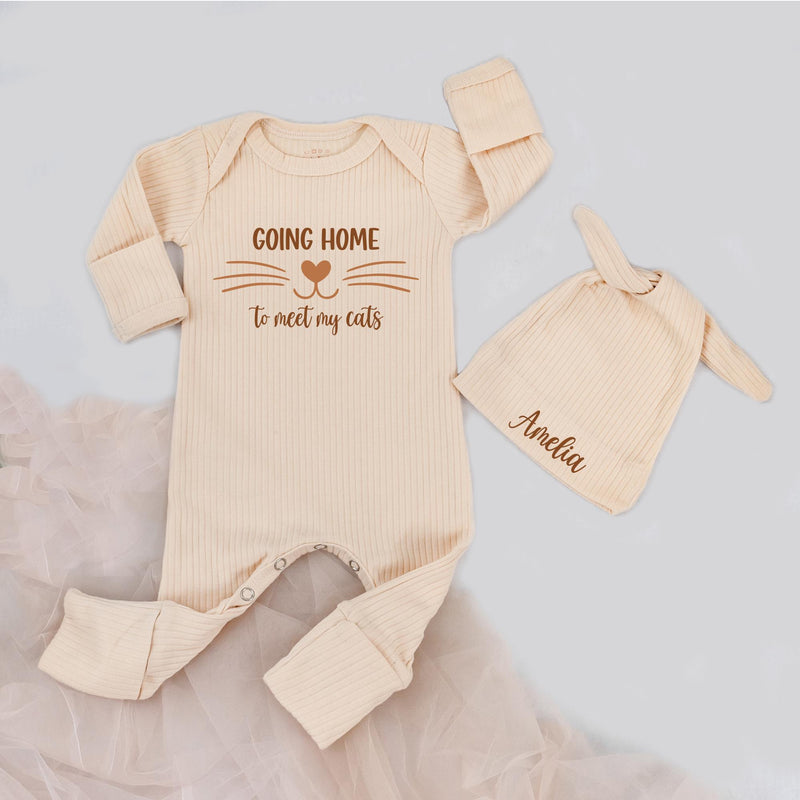 Personalized Going Home to Meet My Cats Baby Bodysuit and Hat Set with Gold Text, Custom Name, Cute Cat Design Newborn Coming Home Outfit