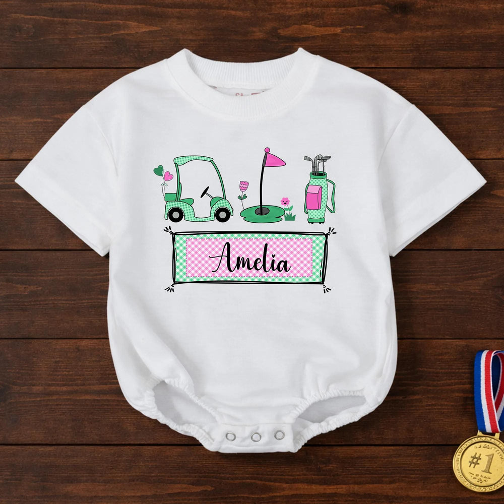 Personalized Golf Baby Girl Romper with Name Amelia Cute Mint and Pink Outfit for Newborns Soft Cotton Baby Clothes Perfect Gift