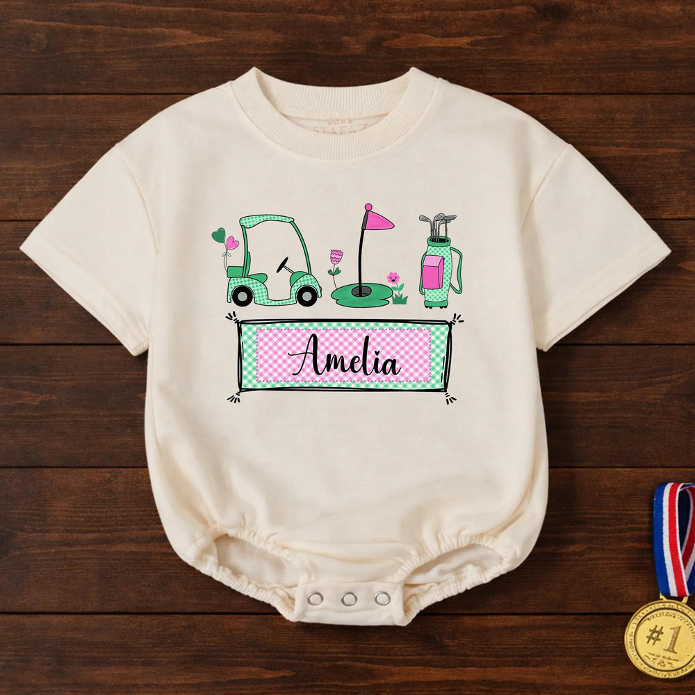 Personalized Golf Baby Girl Romper with Name Amelia Cute Mint and Pink Outfit for Newborns Soft Cotton Baby Clothes Perfect Gift