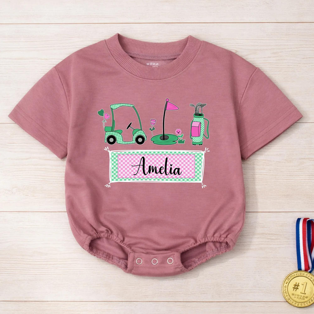 Personalized Golf Baby Girl Romper with Name Amelia Cute Mint and Pink Outfit for Newborns Soft Cotton Baby Clothes Perfect Gift