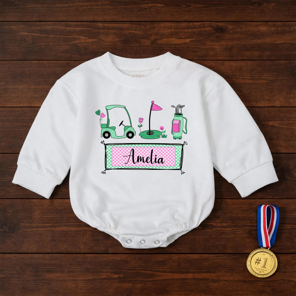 Personalized Golf Baby Girl Romper with Name Amelia Cute Mint and Pink Outfit for Newborns Soft Cotton Baby Clothes Perfect Gift