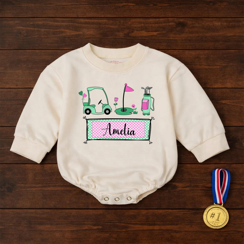 Personalized Golf Baby Girl Romper with Name Amelia Cute Mint and Pink Outfit for Newborns Soft Cotton Baby Clothes Perfect Gift