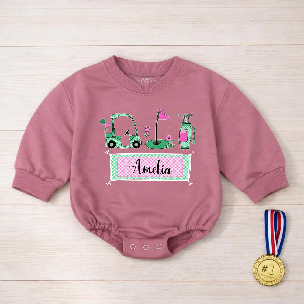 Personalized Golf Baby Girl Romper with Name Amelia Cute Mint and Pink Outfit for Newborns Soft Cotton Baby Clothes Perfect Gift