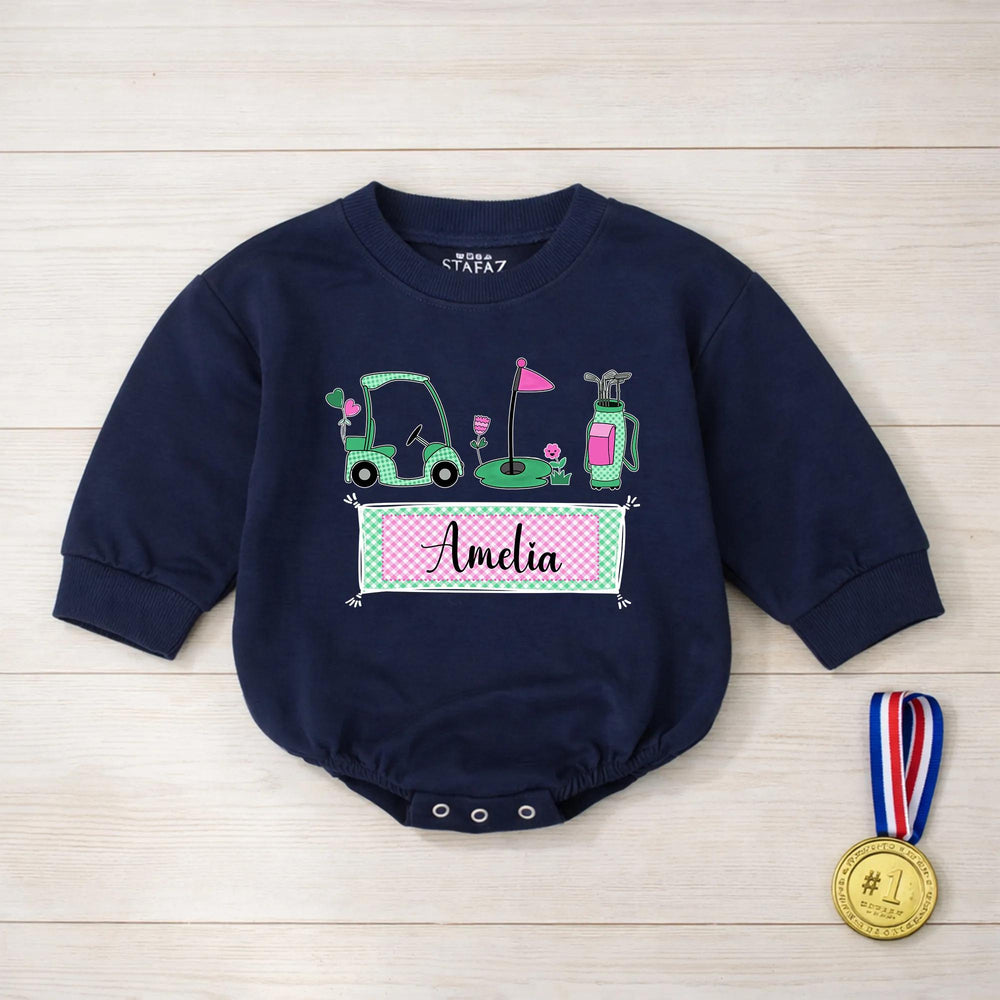 Personalized Golf Baby Girl Romper with Name Amelia Cute Mint and Pink Outfit for Newborns Soft Cotton Baby Clothes Perfect Gift