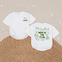 Personalized Golf Baby Romper New To The Club Outfit for Boys Custom Name Forest Green Design Baby Shower Gift Coming Home Clothes