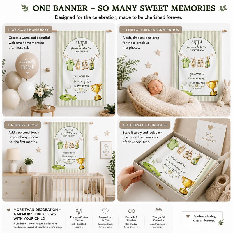 Personalized Golf Baby Shower Backdrop Sage Green Stripes Vintage Welcome Sign with Baby Name Custom Arch Design for Party Decor