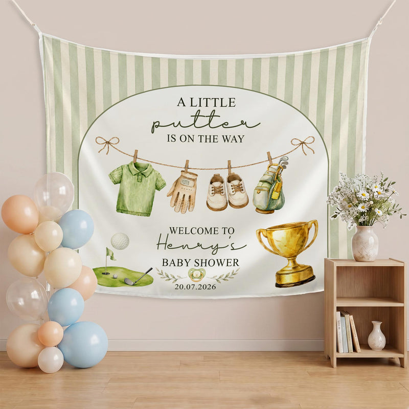 Personalized Golf Baby Shower Backdrop Sage Green Stripes Vintage Welcome Sign with Baby Name Custom Arch Design for Party Decor
