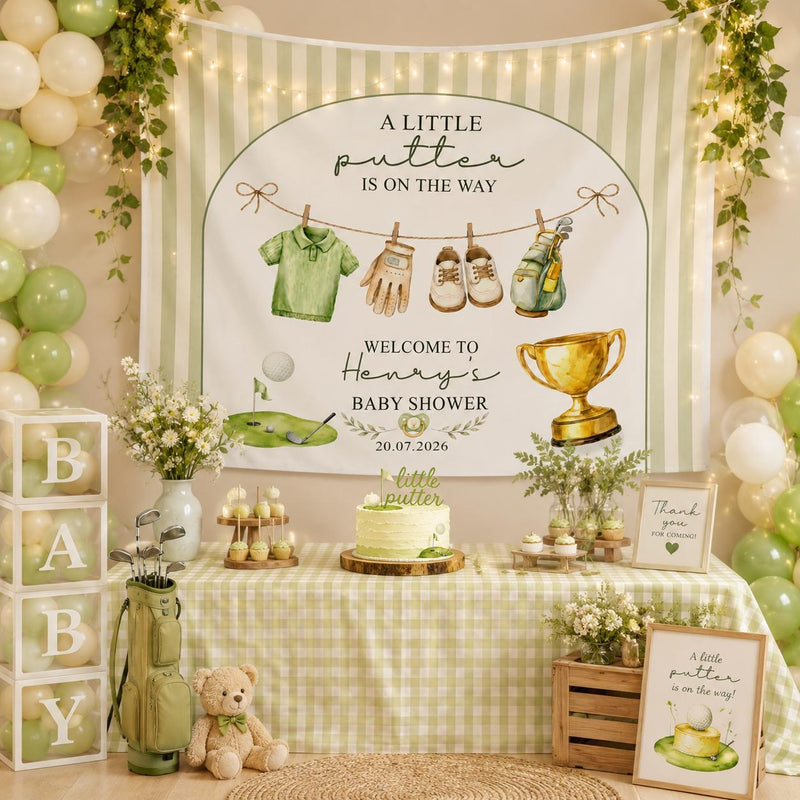 Personalized Golf Baby Shower Backdrop Sage Green Stripes Vintage Welcome Sign with Baby Name Custom Arch Design for Party Decor