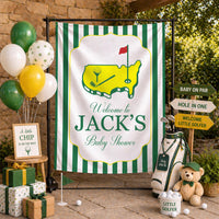 Personalized Golf Baby Shower Silk Banner with Green Stripes, Hole in One Theme, Custom Name Welcome Sign for Baby Shower Decor