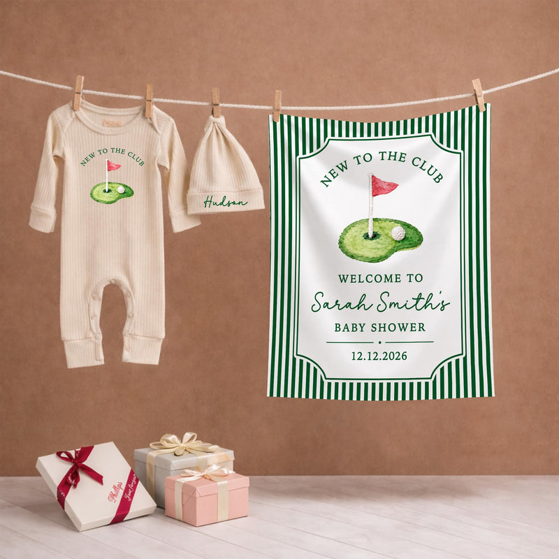 Personalized Golf Baby Shower Silk Banner with Green Stripes, Custom Name & Date, Perfect Keepsake for Baby Shower or Nursery Decor