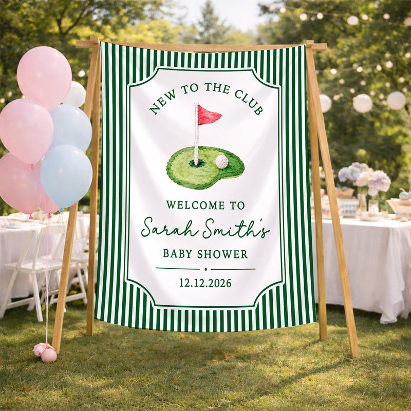 Personalized Golf Baby Shower Silk Banner with Green Stripes, Custom Name & Date, Perfect Keepsake for Baby Shower or Nursery Decor