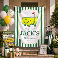 Personalized Golf Baby Shower Silk Banner with Green Stripes, Hole in One Theme, Custom Name Welcome Sign for Baby Shower Decor